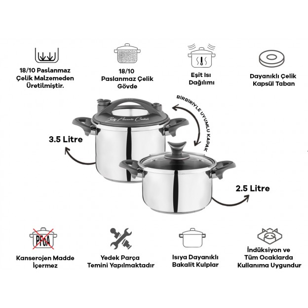 Taç Baby 2 Pcs Pressure Cooker Set Grey